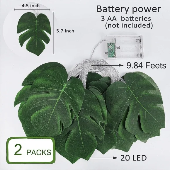 Monstera Leaf String Light Tropical Forest Boho Party Dorm Room Summer Lights - Picture 3 of 5